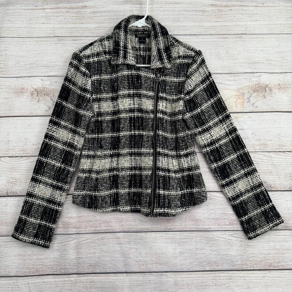 Lucky Brand Moto Jacket Women S Black White Plaid Asymmetrical Zip Knit